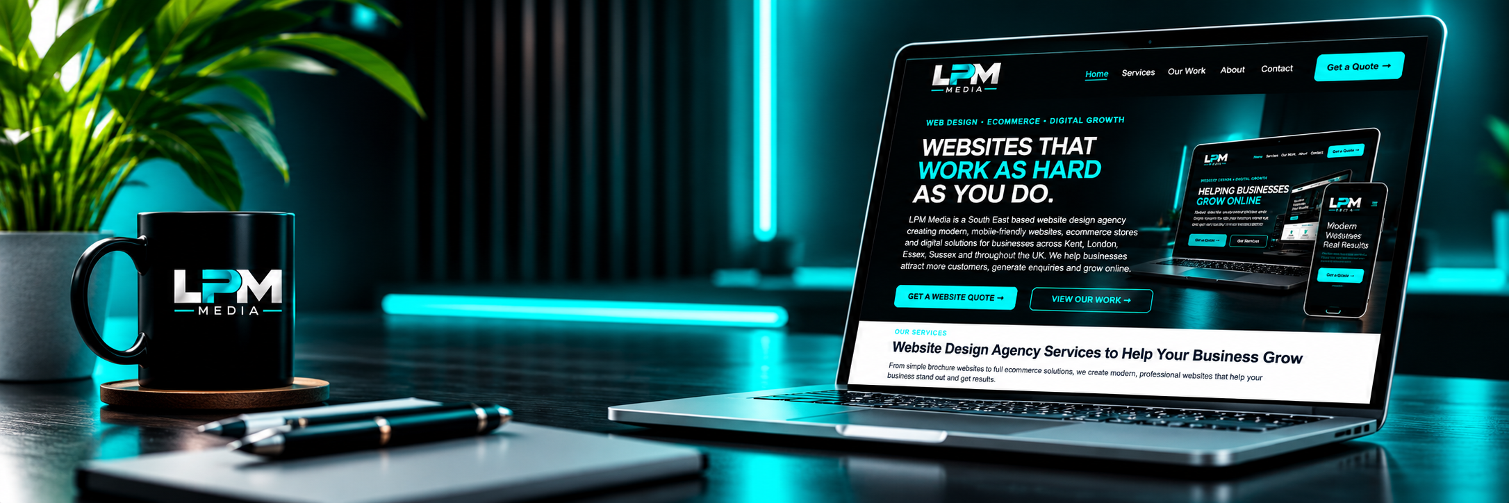 LPM Media website displayed on a laptop in a modern dark workspace, featuring teal lighting, branded coffee mug and professional web design setup.